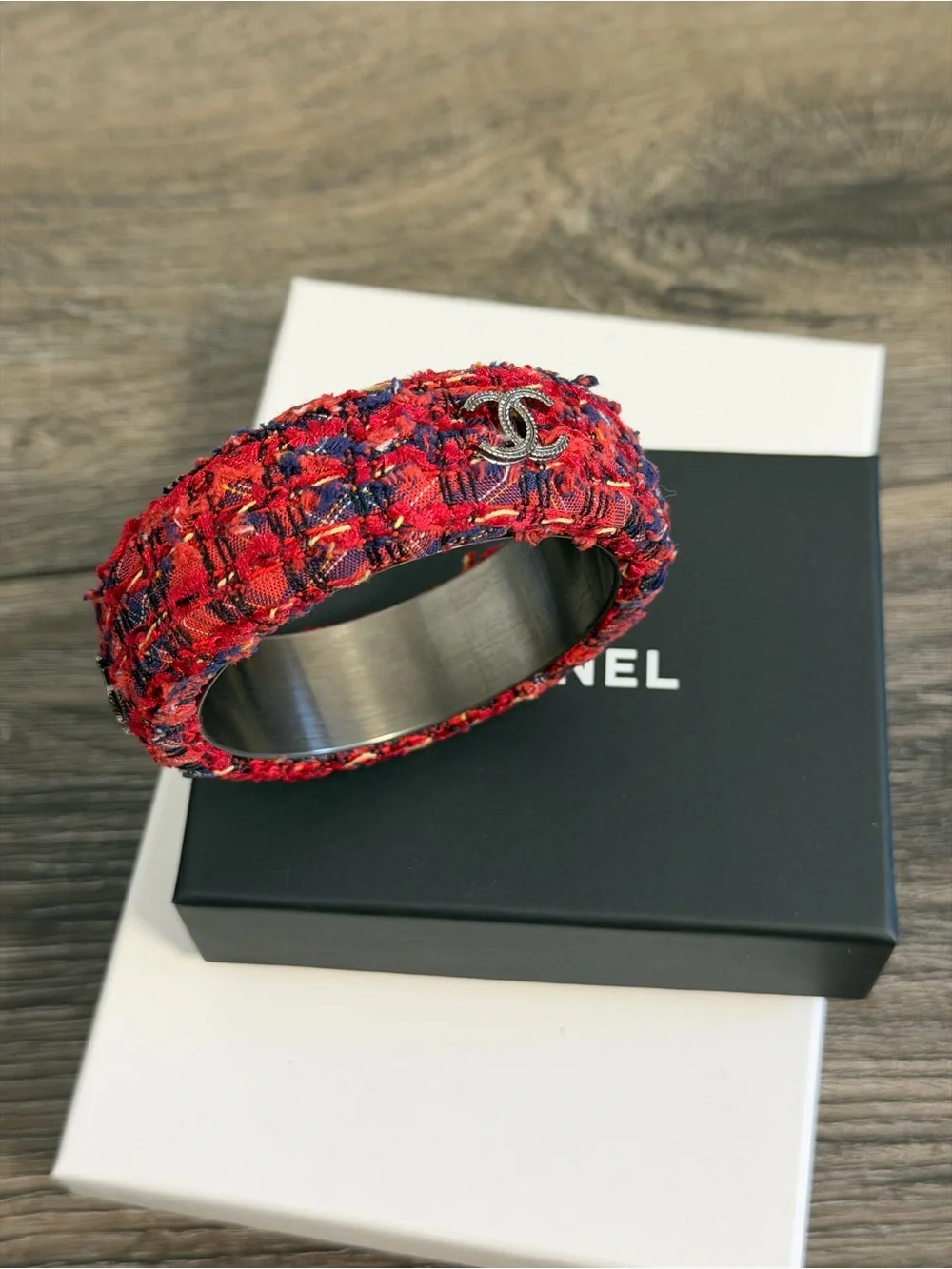 CHANEL Red Tweed CC Logo Bangle Bracelet